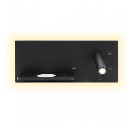 Aplique 2+8w 4000k Velazquez Dcho Negro Usb+qi  130lm Doble Encendido 14x35x14 Cm