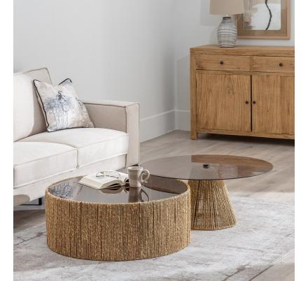 MESA CENTRO CRISTAL-FIBRA NATURAL SALÓN 81 X 81 X 31 CM