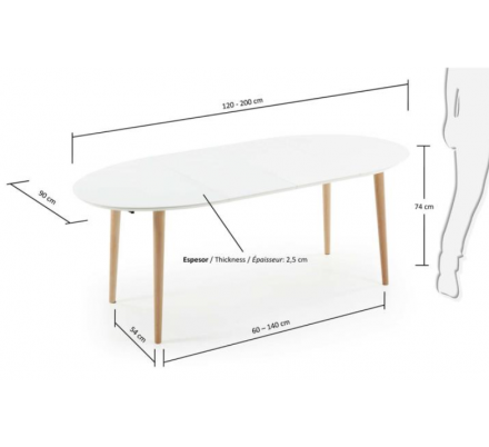 MESA COMEDOR OVALADA OAKLAND EXTENSIBLE 120 Ext. 90X200 BLANCO MATE