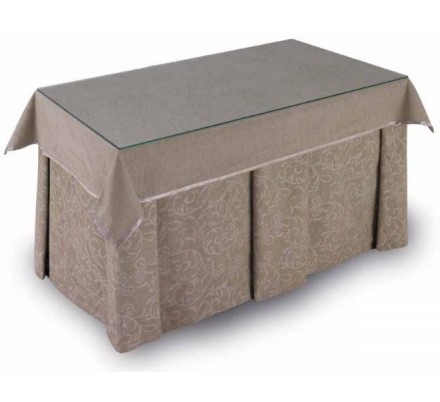 Pack Mesa Camilla Completa Modelo Roc de 110x70 o 120x70 color beige estampado con tablas inversas y tapete con bies