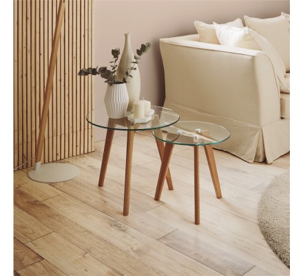 SET MESA AUXILIAR MODELO 910 CRISTAL MADERA NATURAL